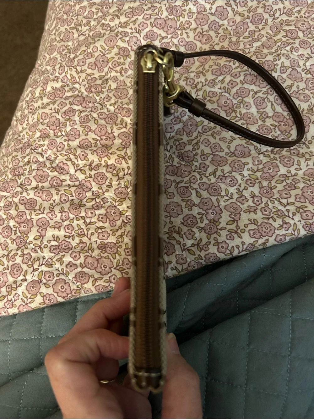 Coach Brown Signature Canvas Wristlet with Gold Stud Accents